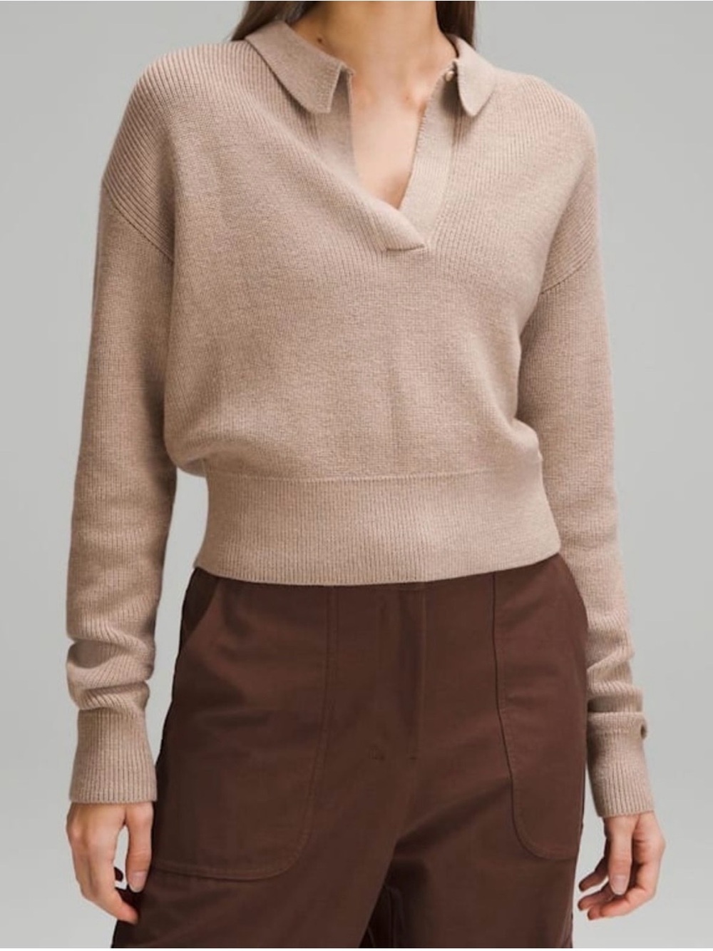lululemon athletica Taupe V-Neck Collared Sweater wool & cotton blend